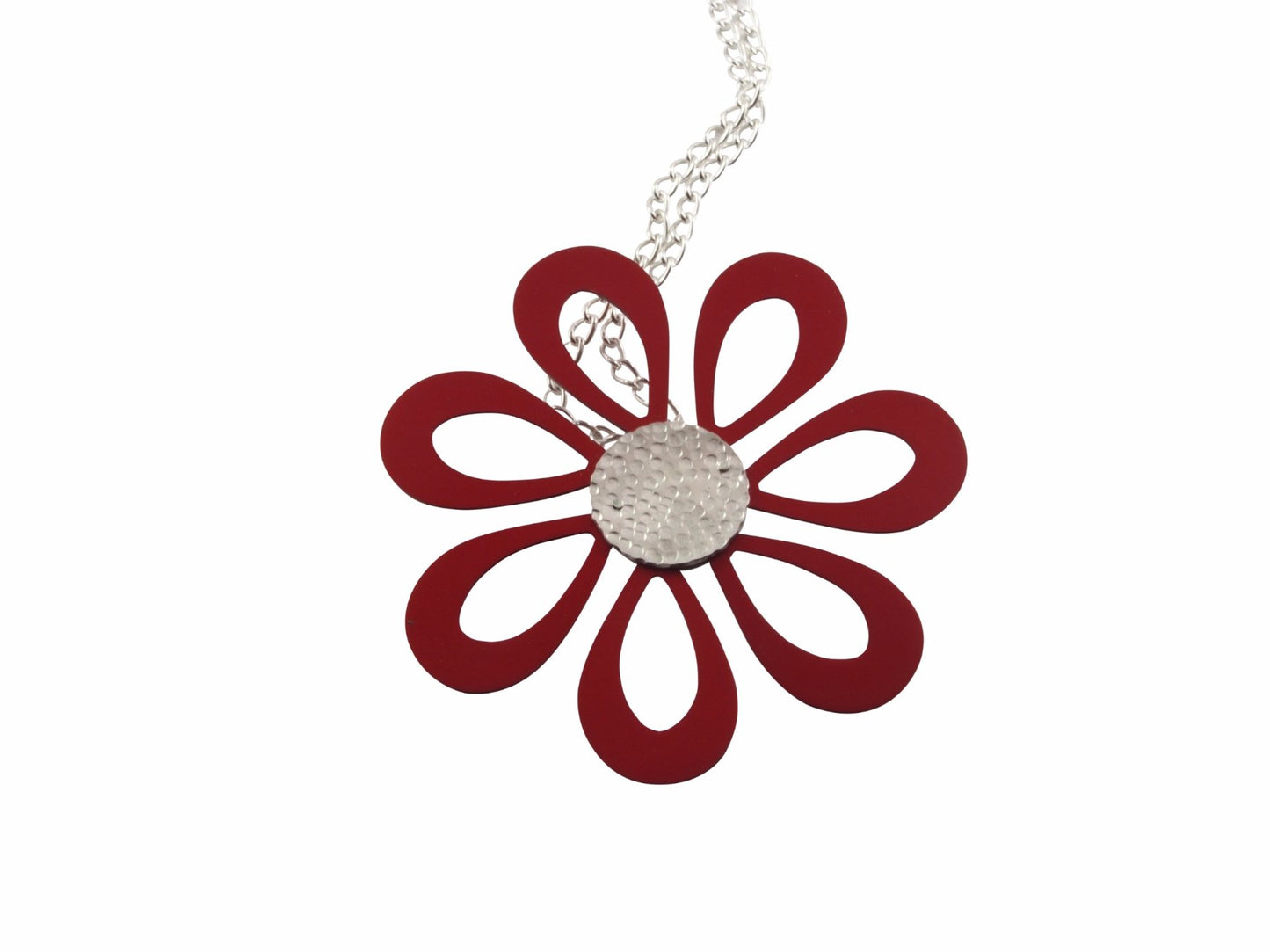 Flower power necklace is made from anodised aluminium and sterling silver. Chain lengths vary depending upon your preferences.