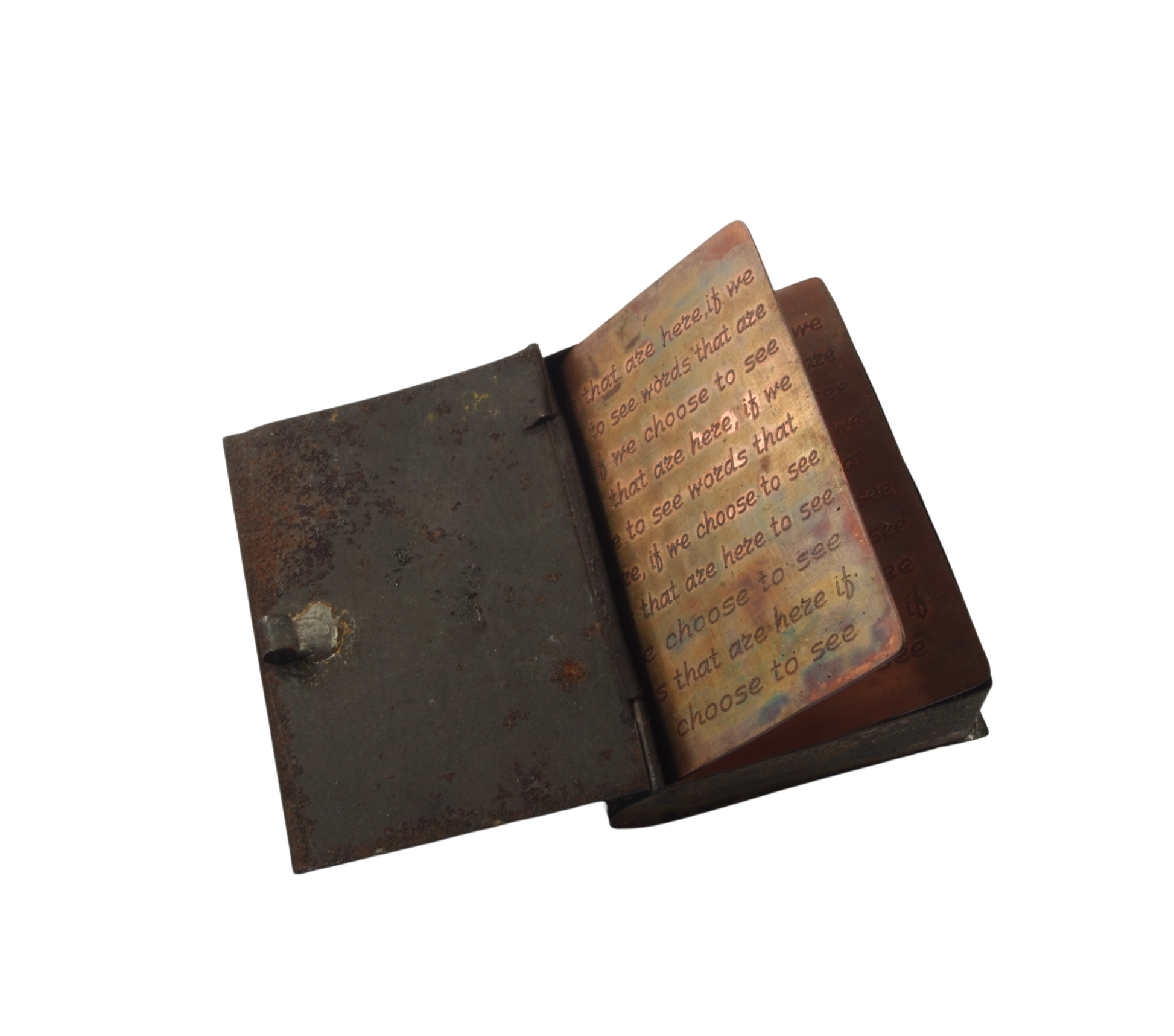 Janine Combes The words are here 2024, engraved copper, vintage book box, patina 