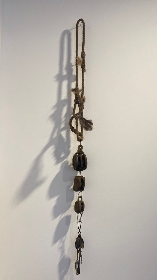 necklace made from ships pulleys and rope with engraved cultlery 