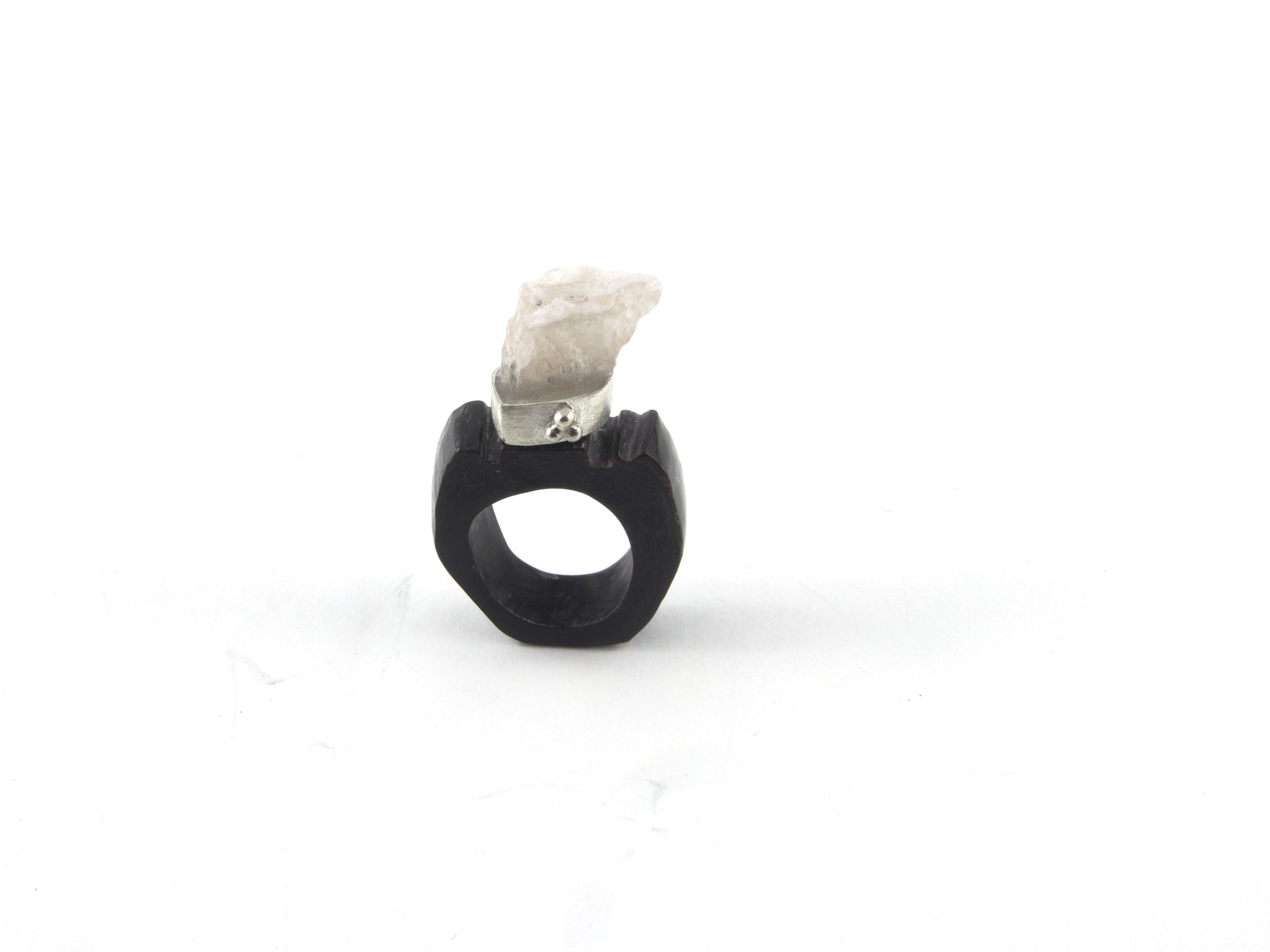 Ice-house ring at Gilded Encounters exhibition, Hadley's Orient Hotel 2018. Buffalo horn, quartz and sterling silver.